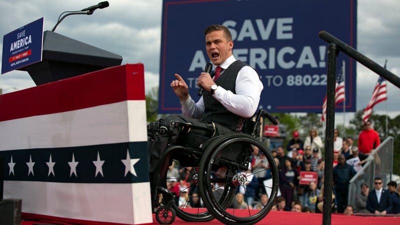 Rep. Madison Cawthorn speaks before a rally for former U.S. President Donald Trump at The Farm at 95 on April 9, 2022 in Selma, North Carolina.