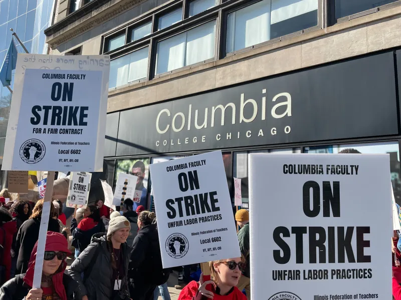 Over 600 part-time adjunct faculty members strike outside of Columbia College in October 2023.