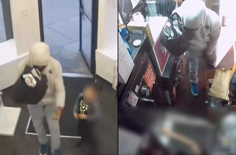 Surveillance video shows the armed robbery standing right next to the boy as he enters the T-Mobile store on Avenue X in Gravesend