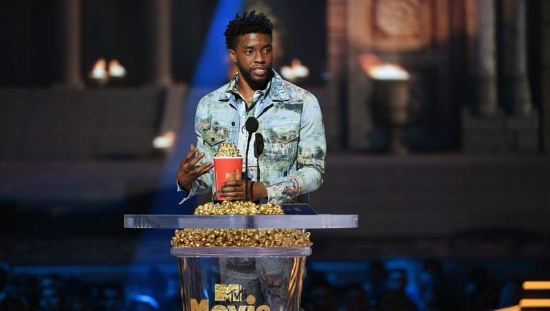 Actor Chadwick Boseman accepts the Best Hero award for 'Black Panther' onstage during the 2018 MTV Movie And TV Awards at Barker Hangar on June 16, 2018 in Santa Monica, California. 