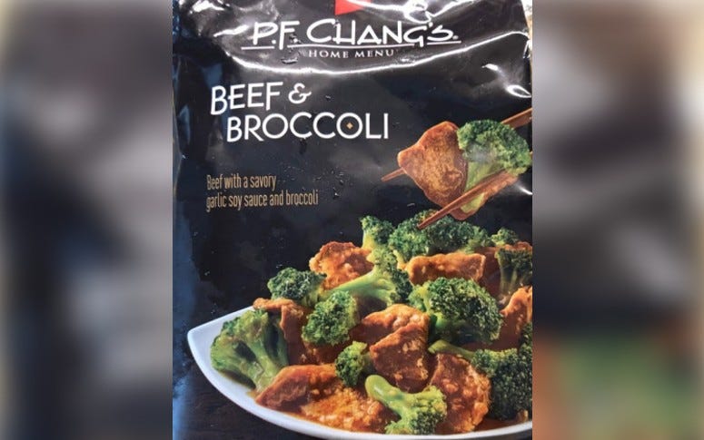 Mislabeled frozen food packages from P.F. Chang's. 