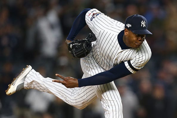 Aroldis Chapman pitches against the Astros in the ALCS.