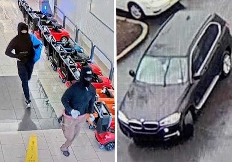 Surveillance video shows two men (left) fleeing the Cherry Hill Mall after police say they robbed the Philly Diamond Connection store on Friday.