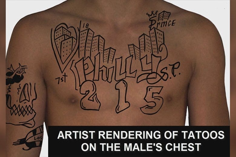 Artist rendering of tattoos on chest of man found dead on August 9, 2018