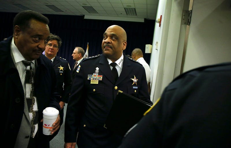Chicago police Superintendent Eddie Johnson leaves the press conference after speaking with the media about the details of the arrest and charges against Jussie Smollett at Chicago police headquarters on Thursday, Feb. 21, 2019 in Chicago