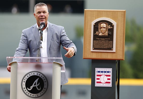 Chipper Jones delivers a speech to Braves fans. 