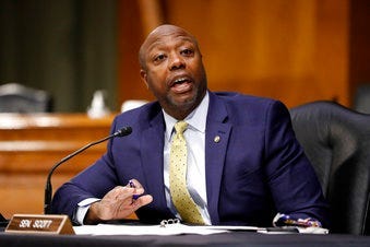 FILE - In this May 7, 2020, file photo, Sen. Tim Scott, R-S.C., speaks during a Senate Health Education Labor and Pensions Committee hearing on new coronavirus tests on Capitol Hill in Washington. (AP Photo/Andrew Harnik, Pool, File)