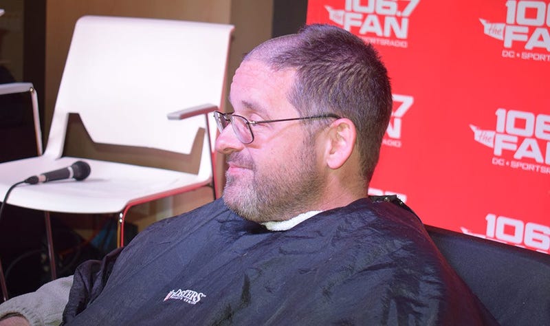WJFK-FM’s Chris Russell with Danny Rouhier and Grant Paulsen. Russell lost a bet and then lost his hair on the air on Thursday, December 12. 
