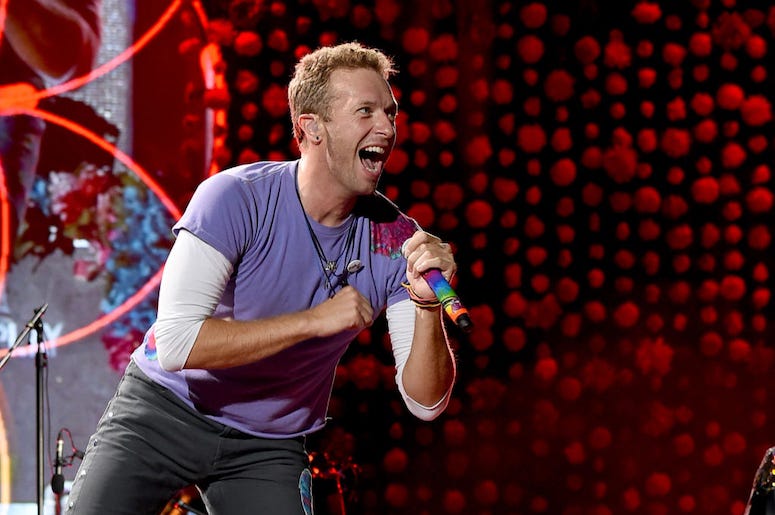Chris Martin of Coldplay performs live in concert.