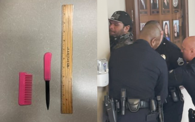 left: a small dagger pulled out of the handle of a hair comb. right: a man being handcuffed against the wall outside the city council chamber.