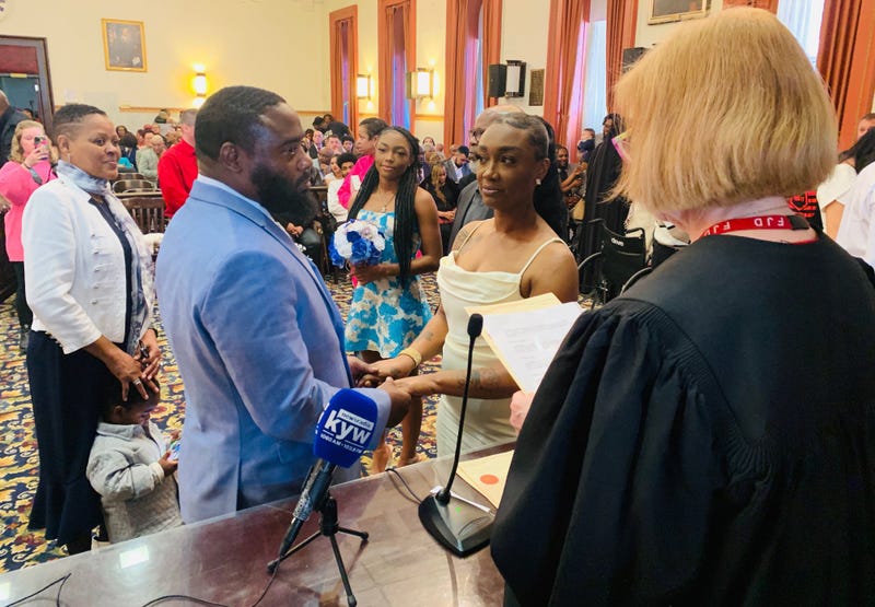 Da-Wan Hurst and Amirah Nelson are married by Judge Holly Ford at Philadelphia City Hall on Valentine's Day.