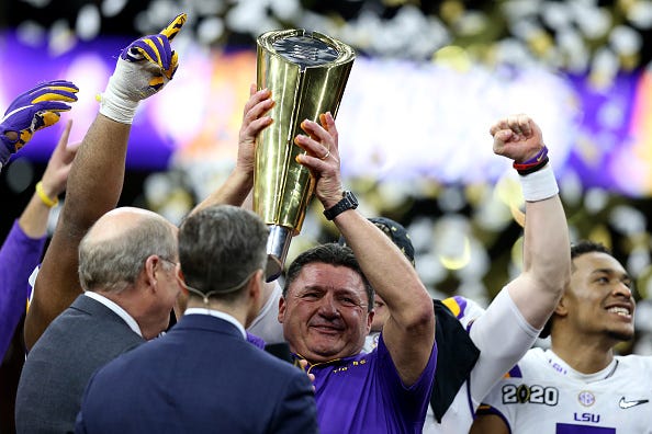 LSU head coach Ed Orgeron celebrates winning a national title.