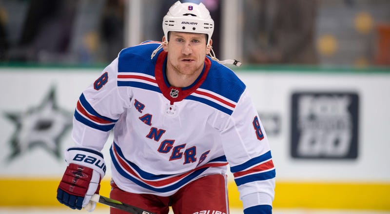 Feb 5, 2018; Dallas, TX, USA; New York Rangers left wing Cody McLeod (8) skates in warm-ups prior to the game against the Dallas Stars at the American Airlines Center. The Stars defeated the Rangers 2-1. Mandatory Credit: Jerome Miron-USA TODAY Sports