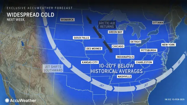 NWS map showing cold temps next week