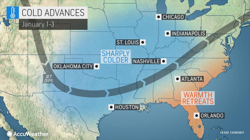 Map depicting cold advancing into Midwest, St. Louis