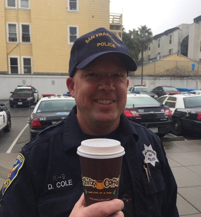San Francisco Police Department Sgt. Davin Cole drinking a coffee on Feb. 4, 2017.