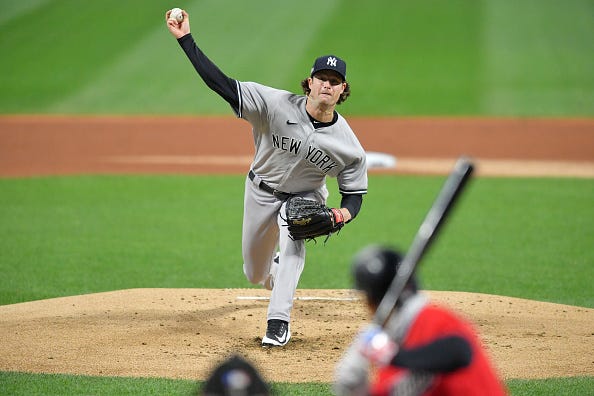 Gerrit Cole fires a pitch for the Yankees.
