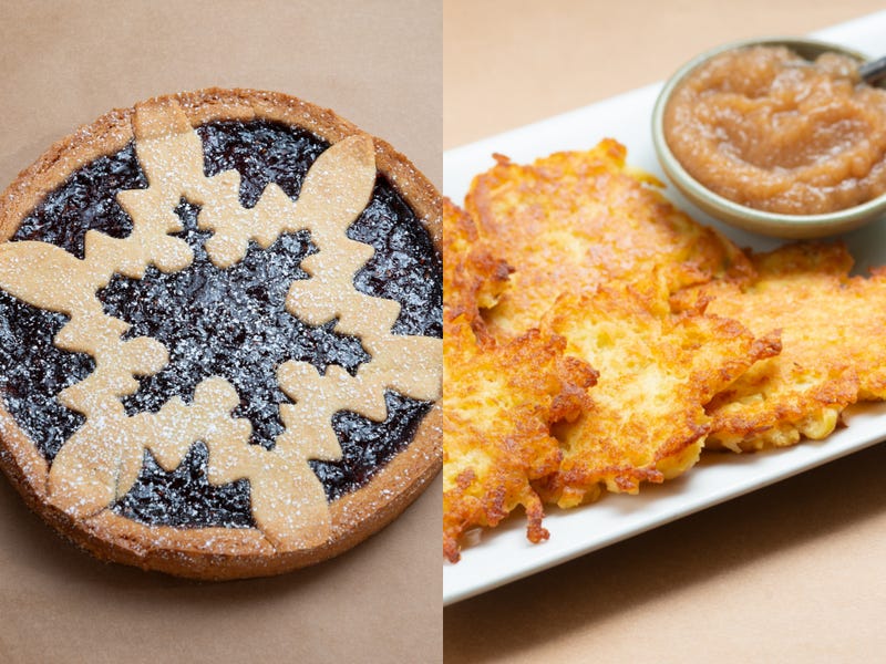 The Linzer tart for Christmas (left) and potato latkes for Hanukkah, from Breads Bakery.