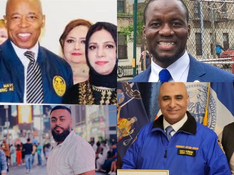 Mayor Eric Adams on Feb. 27, 2025 announced a handful of appointments to strengthen City Hall's relationship with Muslim New Yorkers. They are (clockwise): Atia Shahnaz (with Adams, on the right), Famod Konneh, Mahedi Hasan and NYPD Det. Mohamed Amen.