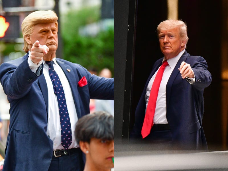 From left: A Donald Trump impersonator performs outside Trump Tower in Manhattan on July 18, 2021; Former U.S. President Donald Trump arrives to Trump Tower in Manhattan on July 18, 2021.