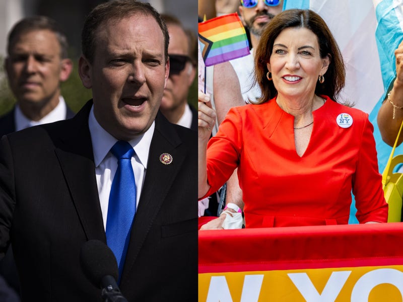 Left to right: Rep. Lee Zeldin speaks during a news conference at the U.S. Capitol in Washington, D.C., U.S., on Thursday, May 20, 2021. Gov. Kathy Hochul marches during the 2022 New York City Pride March on June 26, 2022 in New York City. Photo credit 
