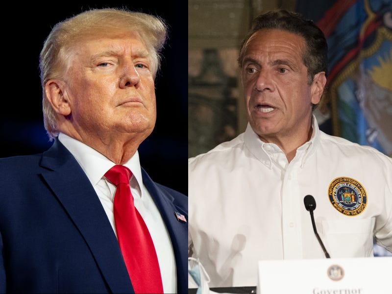 Donald Trump (at the Conservative Political Action Conference CPAC held at the Hilton Anatole on August 06, 2022 in Dallas, Texas) and Andrew Cuomo (at a a news conference at Grand Central Terminal on Thursday, May 27, 2021).