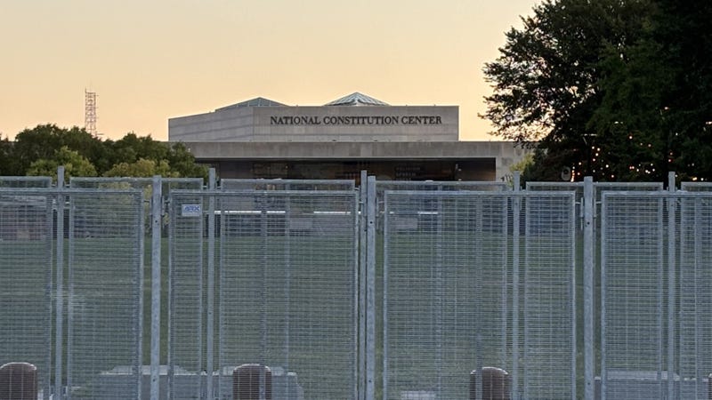Tall fences surround the perimeter of the National Constitution Center.