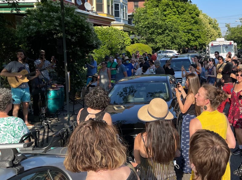 A crowd of people gathered to watch a band perform outside a West Philadelphia home.