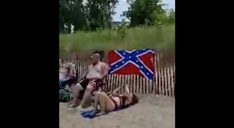 An Evanston woman’s video has gone viral after she went to a beach in her city and confronted people who were displaying the Confederate flag.