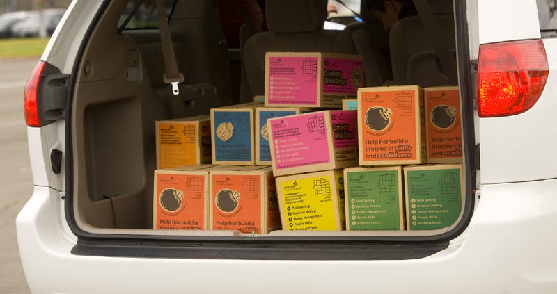 Boxes of Girl Scout cookies in a trunk