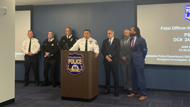 Police Commissioner Kevin Bethel (at podium) and other city officials address the details of the police shooting that injured an officer and killed a man during a corner store struggle on Jan. 26, 2024. Authorities say a man shot the officer, and the officer's partner fired back, killing him.