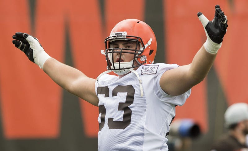 Jul 27, 2018; Berea, OH, USA; Cleveland Browns offensive guard Austin Corbett (63) stretches during training camp at the Cleveland Browns Training Complex. Mandatory Credit: Ken Blaze-USA TODAY Sports