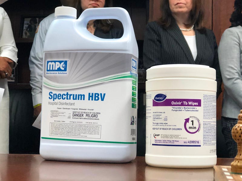 Cleaning supplies used by Buffalo Public Schools to combat coronavirus. March 6, 2020 (WBEN Photo/Mike Baggerman)