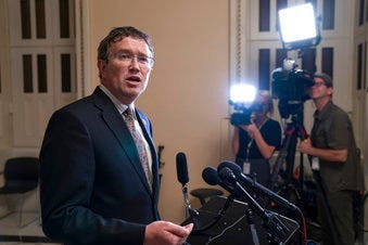In this Tuesday, May 28, 2019 file photo, Rep. Thomas Massie, R-Ky., speaks to reporters at the Capitol after he blocked a unanimous consent vote on a long-awaited hurricane disaster aid bill in the chamber. (AP Photo/J. Scott Applewhite, File)
