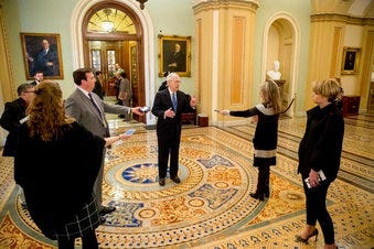 Senate Majority Leader Mitch McConnell of Ky. speaks to reporters outside the Senate chamber after Democrats blocked a coronavirus aid package on Capitol Hill, Monday, March 23, 2020, in Washington. (AP Photo/Andrew Harnik)