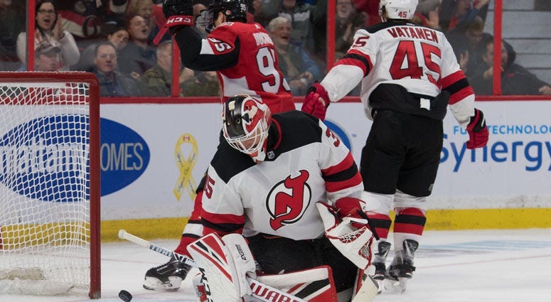 Devils goalie Cory Schneider (35) reacts to a goal scored against the Senators at Canadian Tire Centre in Ottawa, Canada.