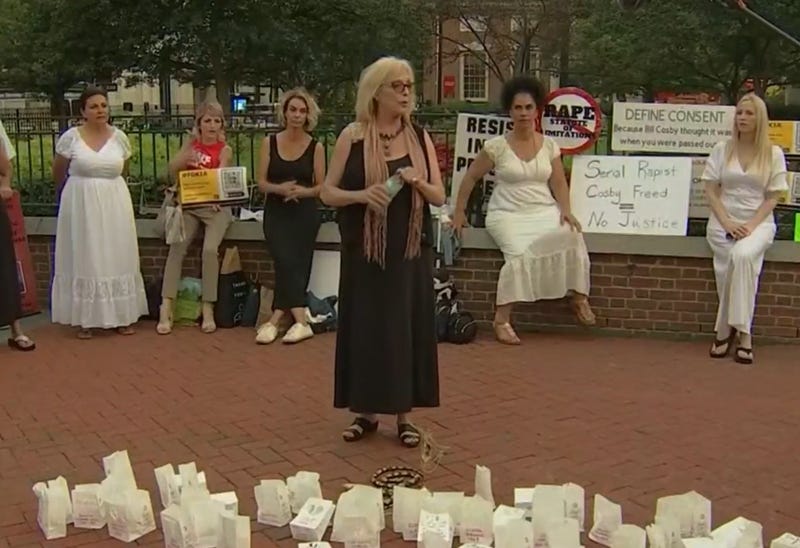 Bill Cosby accusers Victoria Valentino (center), Stacey Pinkerton (left of center) and Lili Bernard (right of center) led a vigil Saturday in Independence Mall to protest the comedian's release from prison.