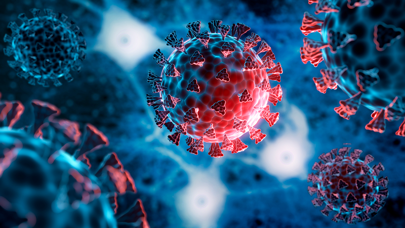 Illustration of a coronavirus mutation with dark blue background