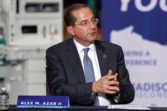 Health and Human Services Secretary Alex Azar speaks during a visit to the GE Healthcare manufacturing facility Tuesday April 21, 2020, in Madison, Wis. (AP Photo/Morry Gash)