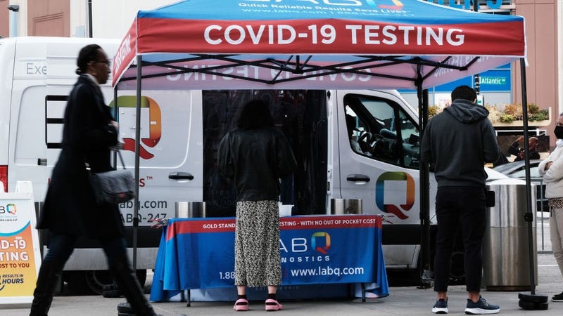 A Covid-19 testing site stands on a Brooklyn street corner on April 18, 2022 in New York City.