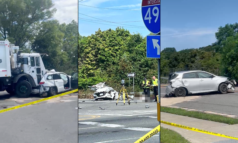 A garbage truck smashed into multiple vehicles before becoming wedged in a Jeep on Express Drive South