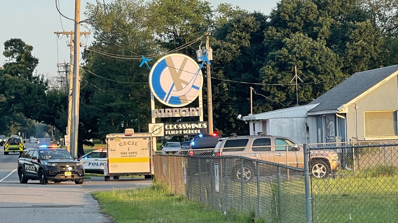 First responders and emergency officials on the scene at Cross Keys Airport in Williamstown, New Jersey, where a single-engine skydiving plane crashed shortly after takeoff on July 2, 2025.
