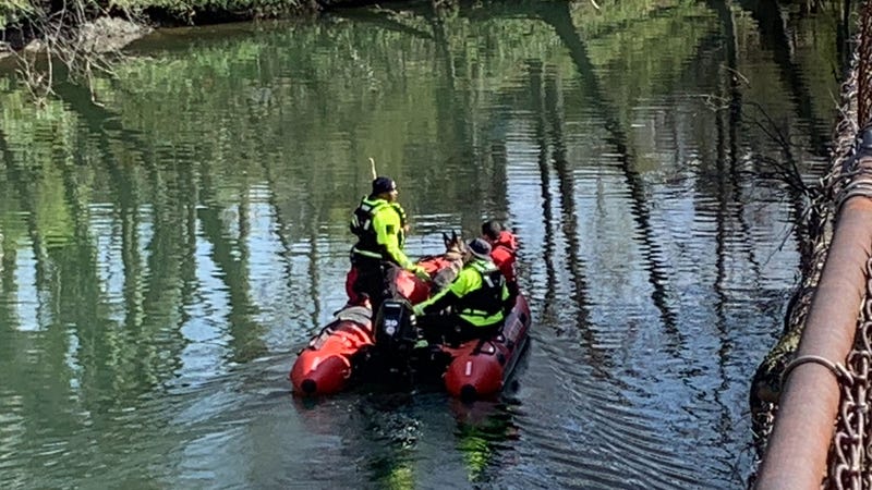 Search and recovery crew in Chester, with a scent dog, on a raft in the Chester Creek search for 6-year-old Li'Najah Brooker, who fell into Chester Creek while playing on Saturday.