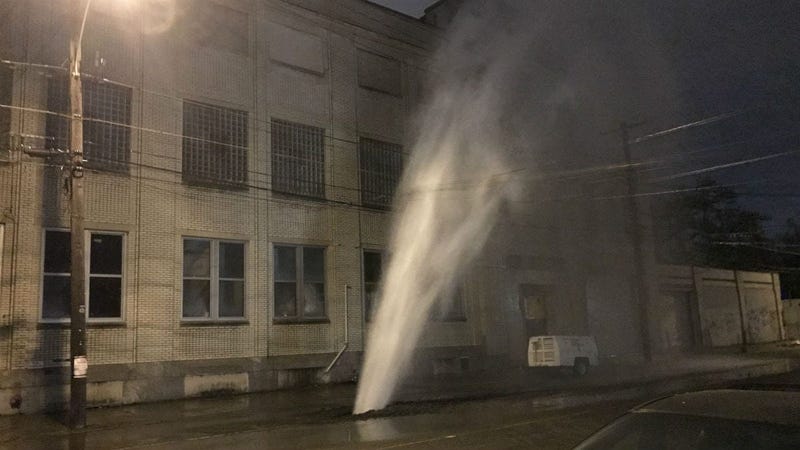 A water main break led to water shooting into the sky and dozens of homes losing service. 