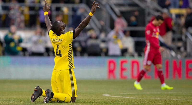 Nov 4, 2018; Columbus, OH, USA; Columbus Crew SC defender Jonathan Mensah (4) after a 1-0 victory against the New York Red Bulls at Mapfre Stadium. Mandatory Credit: Joe Maiorana-USA TODAY Sports