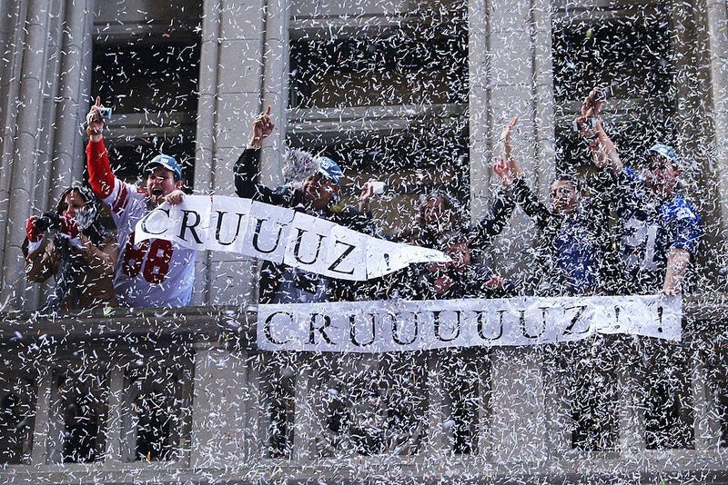 Victor Cruz Banner in Giants Ticker Tape Parade