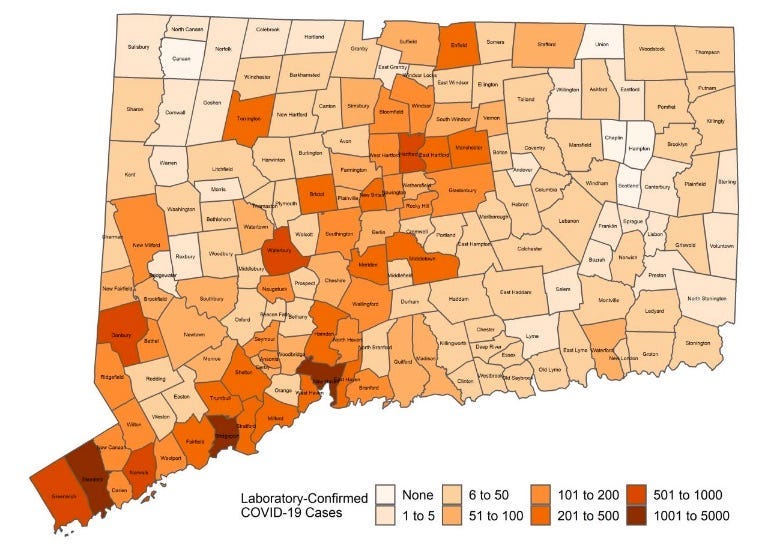 CT DPH map of COVID-19 cases by town/city, 4/20/20