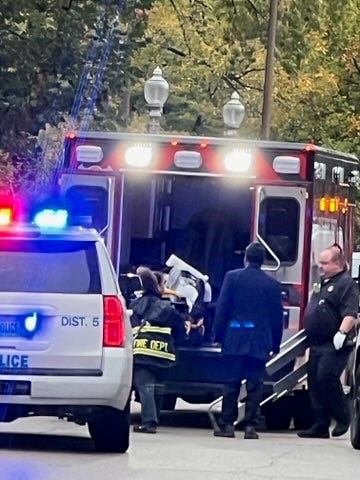 Victim of the assault is being loaded into an ambulance at N. Euclid and West Pine on October 29th, 2023.
