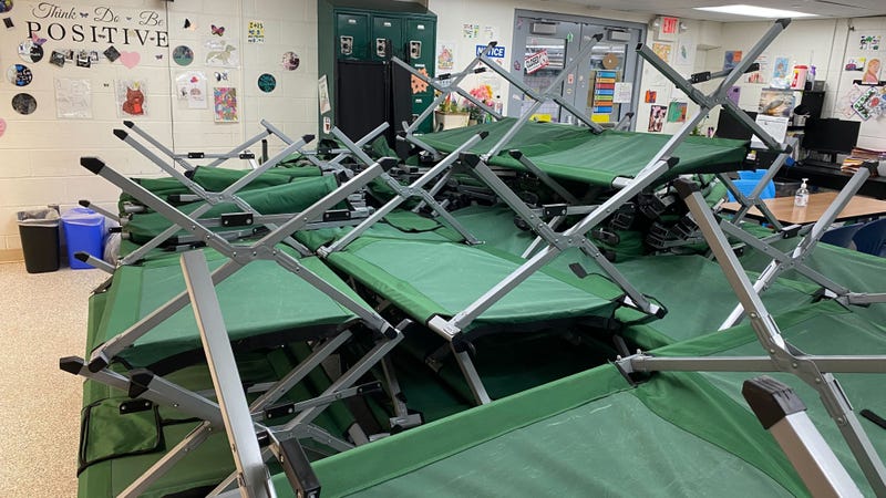 Cots used for the Hub of Hope's overnight services are stored and cleaned during the day.