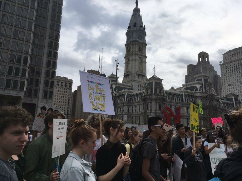 Skipping school, teenagers rally at Love Park for the first-ever “Youth Climate Strike.”